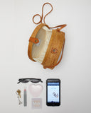 310 LUNA Round Crossbody Bag in Natural | what fits inside view