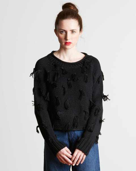 Apiece Apart Luluc Fringe Crew Sweater in Black