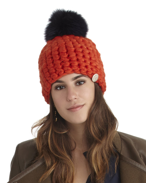 Mischa Lampert Merino Wool Beanie with Pom in Orange