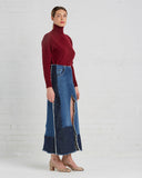 TOME Upcycled Denim Front Slit Pencil Skirt with Patches
