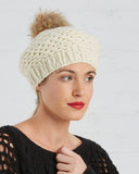 SAANS Wool Beret with Upcycled Fur Pom