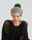SAANS Grey Wool Beret with Upcycled Fur Pom