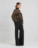 SUNO Black And Gold Floral Chiffon Blouse and VOZ Wide-leg Wool Trousers