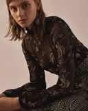 Suno Black And Gold Floral Chiffon Blouse