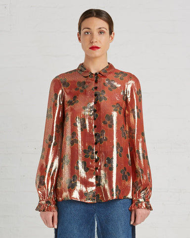 Suno Metallic Orange Silk Blouse with Floral Print