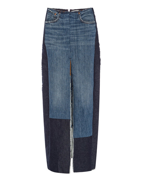 TOME Upcycled Denim Front Slit Pencil Skirt with Patch