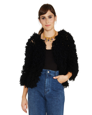 Ryan Roche | Shaggy Cashmere Fringe Open-Front Cardigan in Black