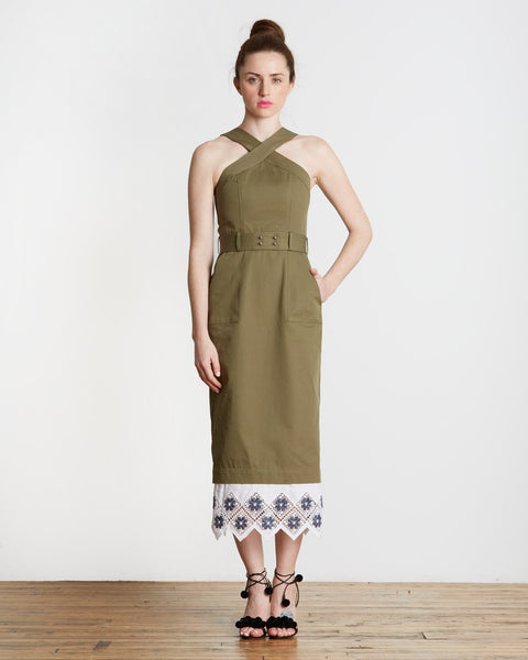 Suno Cross Halter Pencil Dress | Olive