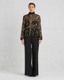 SUNO Black And Gold Floral Chiffon Blouse SAANS