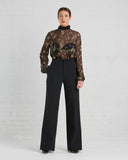 SUNO Black And Gold Floral Chiffon Blouse and VOZ Wide-leg Wool Trousers
