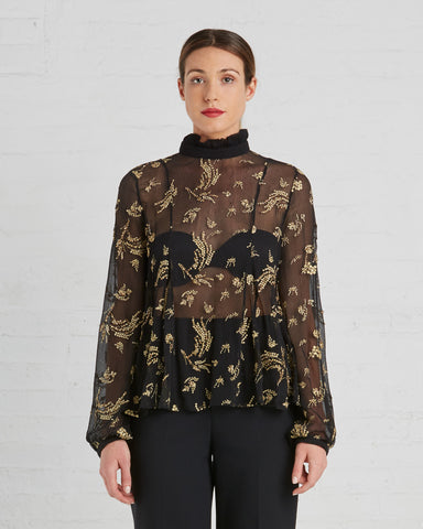 Suno Black And Gold Floral Chiffon Blouse