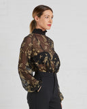 SUNO Black And Gold Floral Silk Chiffon Blouse | SAANS