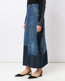 TOME Patchwork distressed denim maxi skirt | side view
